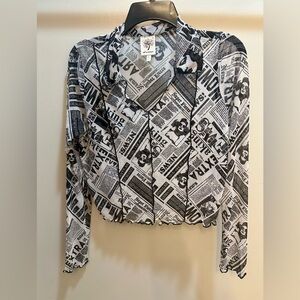 Self Esteem Cropped Collar Mesh Newspaper Print y2K Long Sleeve Top
